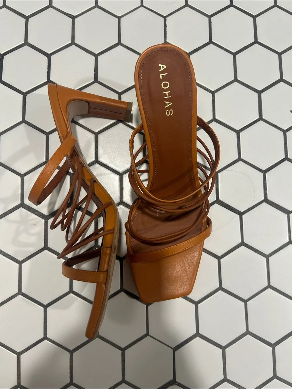 ALOHAS Cognac/orange Multi-Strap Square-Toe Heeled Sandals